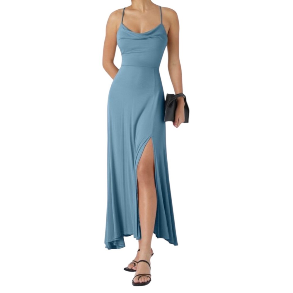 Halara Ribbed Cowl Neck Backless Crisscross Lace Up Midi Dress Rainy Sky Blue S - Picture 7 of 8